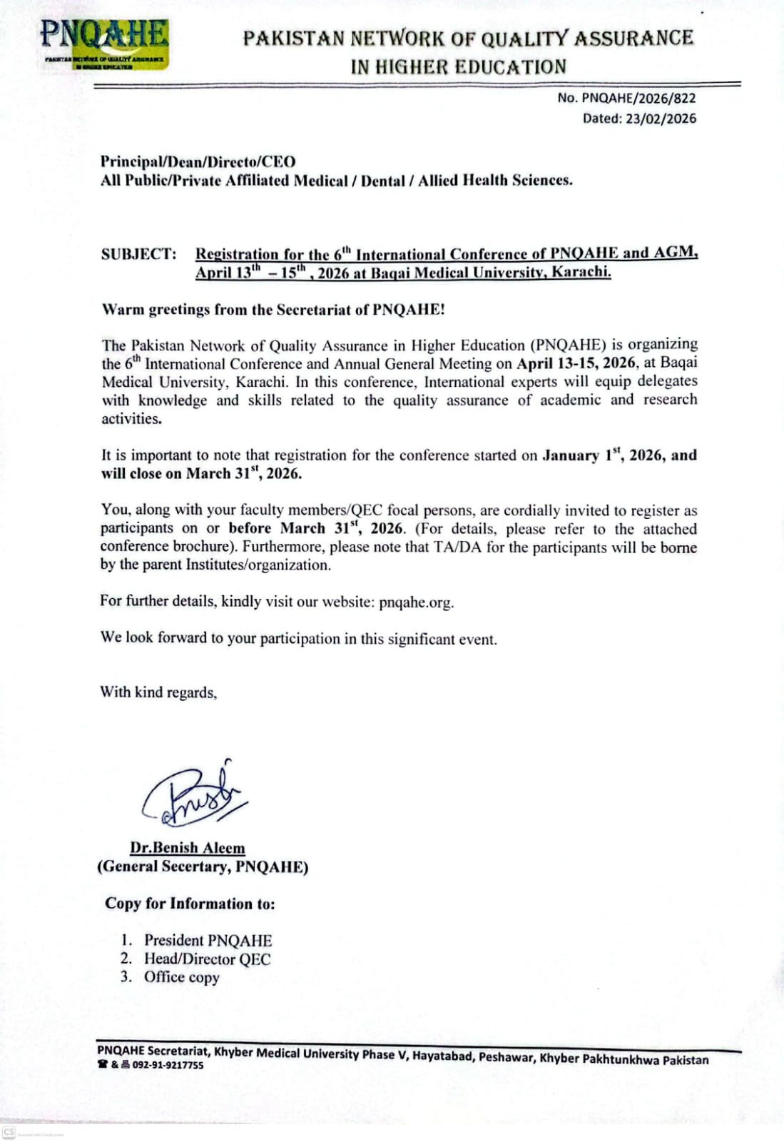 Registration for 6th International Conference of PNQAHE